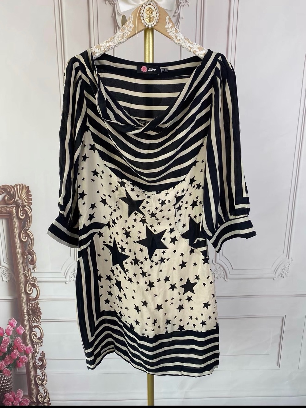 Vintage 100%Silk Star Print Draped Cowl Neck Dress XS